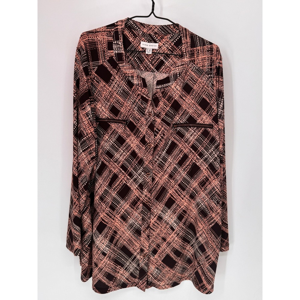Susan Graver Tunic Women 2X Peach EUC Abstract Zip Pocket Long Sleeve Button Up